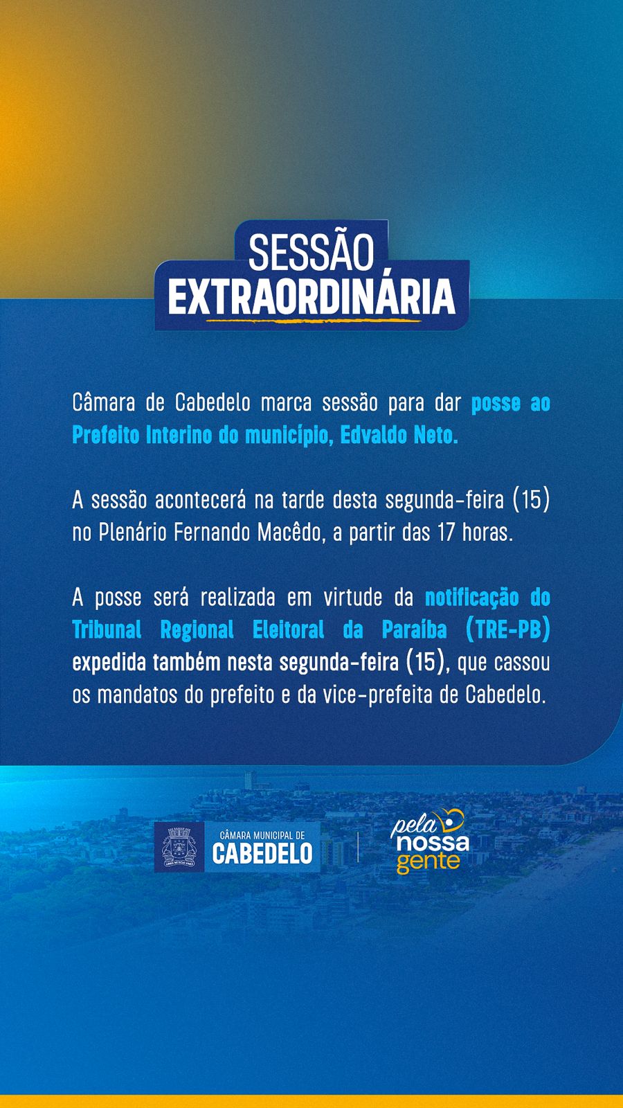 Câmara de Cabedelo marca sessão para dar posse ao Prefeito Interino do município, Edvaldo Neto